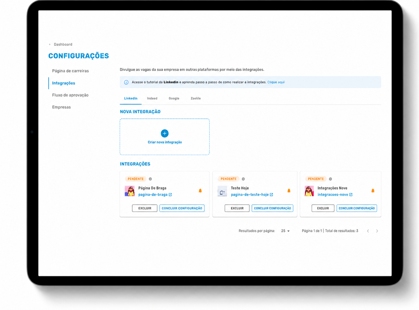 Tela de integrações do Peixe 30 Recruiter para divulgação de vagas