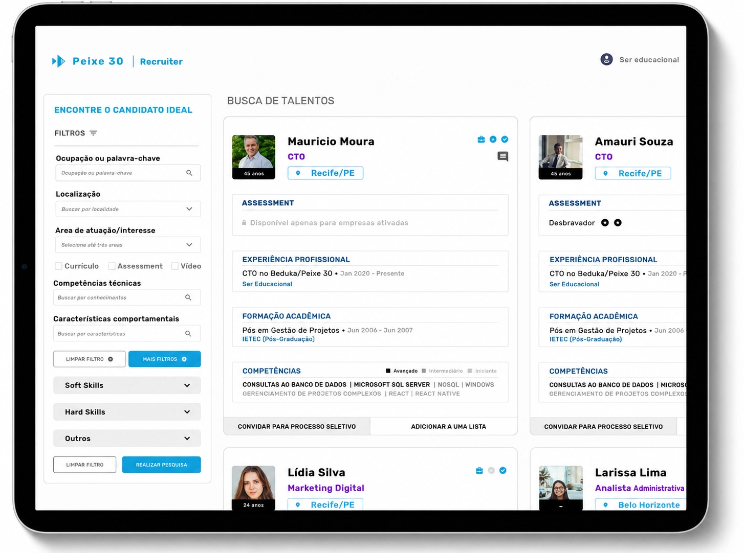 Busca de talentos no Peixe 30 Recruiter com filtros e perfis de candidatos